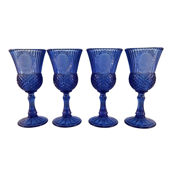 Vtg 1976 Avon Fostoria Cobalt Blue George Martha Washington 4 Glass Wine Goblets - Picture 1 of 11